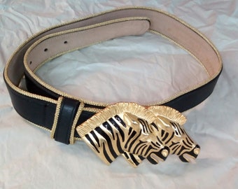 Stunning Leather Cinch Belt w Black n Gold Zebra Buckle / Ladies size Small Med 27 to 31 inches / 1980s 90s made USA