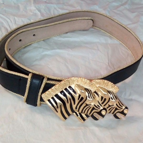 Stunning Leather Cinch Belt w Black n Gold Zebra Buckle / Ladies size Small Med 27 to 31 inches / 1980s 90s made USA