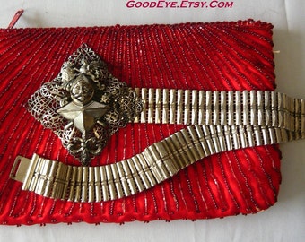 Ceinture chaîne en argent vintage des années 1950 : boucle de chevalier gothique, taille de 32 pouces