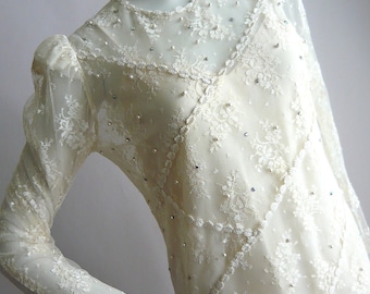 Robe en dentelle blanche transparente vintage des années 80 / Taille small 4 6 8 / PERLES STRASS Romantique mariage victorien des années 20 Ivoire
