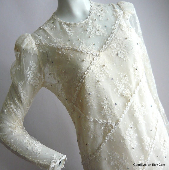 Vintage 80s Sheer White Lace Dress / Size small 4… - image 3