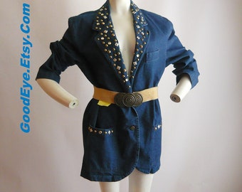 Giacca in denim vintage con borchie e strass, anni &#39;90 / taglia media fino a 112 cm di seno / tasche, un bottone, taglio oversize, cotone