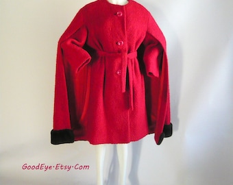 Espectacular abrigo de lana roja, capa de los años 60, talla 8, 10, 12 mediana, ribete de piel con cinturón, tela gruesa de invierno para caniche