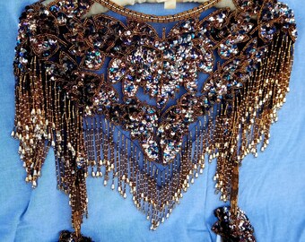 Vintage Fringed Beaded Shawl Collar SHOWGIRL Gold Glass  Statement Necklace Las Vegas VLV Burlesque