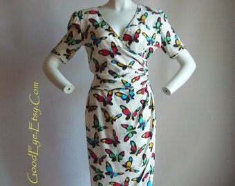 90s Silk day Dress BUTTERFLY Print / High Waist Skirt Short Sleeve Top / Size small 2 4 6 /  White Yellow Blue Red Colorful