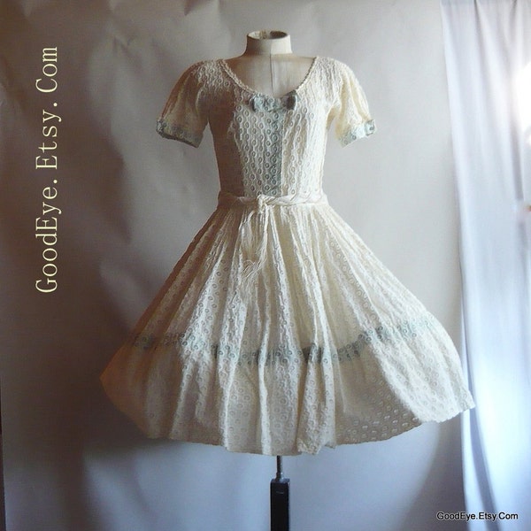 Unusual 50s Sheer Cotton Petticoat Dress / Small size 2 4 6 Waist 26 inch / Ivory White Pastel Blue Trim / Full Skirt Garden Wedding