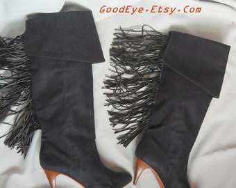 Vintage Fringed Boots Black Linen n Leather w Skinny High Heel Pointed Toe / size 7-b Eu 37.5 UK 4.5 / Arlene La Marca Italy 1990s