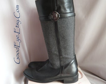 Vintage Leather n Wool Knee Boots  / Size 11 m  Eur 43 Uk 8 .5 /  Black w Grey Fabric / Steampunk Military Medallion Flat Heel