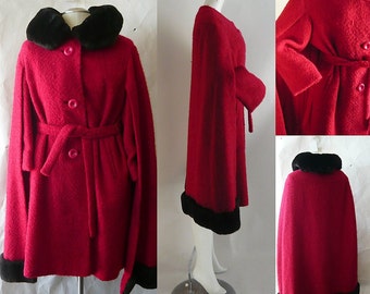 Dramatic Red Wool Coat 1960s Cape  / size 8 10 12 medium / Mod Belted Fur Trim / Heavy Winter Poodle Cloth