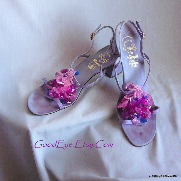 Vintage Jeweled AMALFI High Heel Sandals / size 9 .5 Narrow Width Eu 41  /1960s  Strappy Lavender Leather SLING Back Shoes / made ITALY