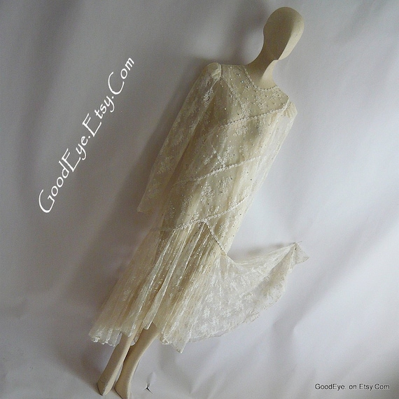Vintage 80s Sheer White Lace Dress / Size small 4… - image 1