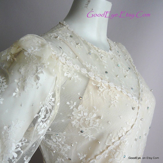 Vintage 80s Sheer White Lace Dress / Size small 4… - image 2