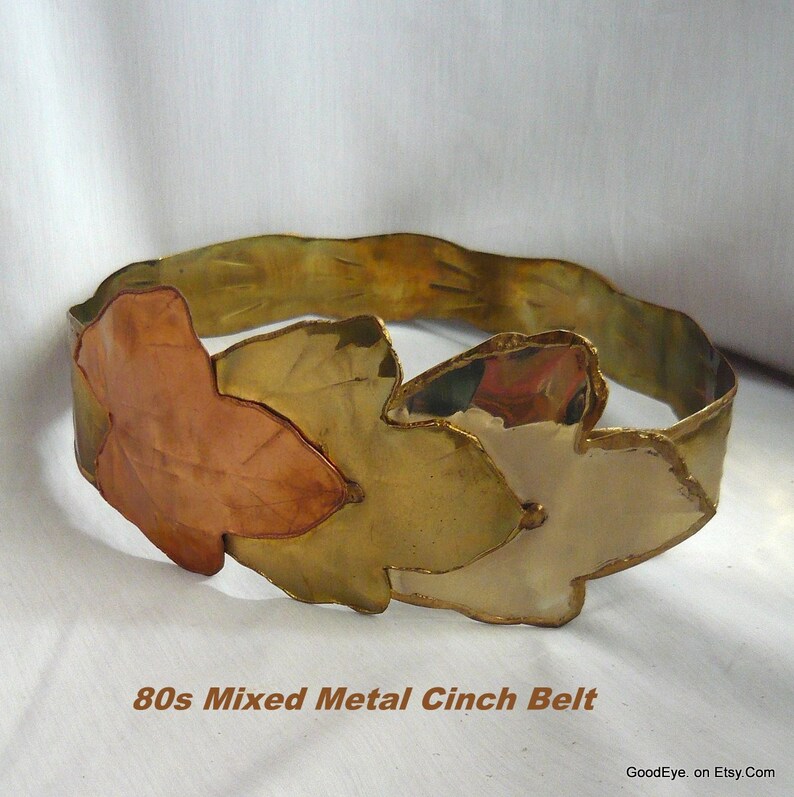 Vintage Wide BRUTALIST Metal Cinch Belt Brass Copper Silver TRIPLE LEAF medium waist 30 .5 To 34 Inches 1980s Power Look