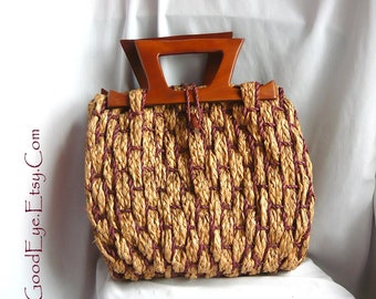 Sac à main d'été vintage des années 50 fourre-tout grand et inhabituel sac Boho Beatnik en paille tissée avec poignée en bois