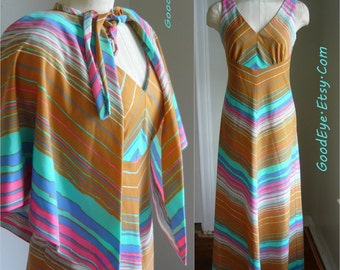 Vintage 70s CHEVRON Maxi Dress w Shawl CAPE/ tamaño 6 8 10 Small / Boho Pastel Stripes / Yves Jennet USA Maxi Floor Length