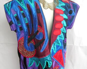 Vintage Embroidered Coat Vest Judith ROBERTS  Medium Large  Unisex OOAK