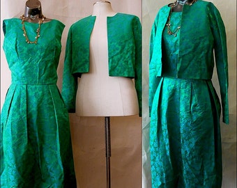 Vintage 60s Emerald Green Cocktail Dress n Jacket 2pc / size 2 4 6 8  small / BROCADE Party Evening 1960s After-Five Palm Royale