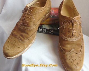 Vintage Men's Louis VUITTON Oxford Shoes / size 12  Eu 46 Uk 11 .5 / Lace up LVL Wing Tips Designer / Cognac Brown Suede Leather made Italy