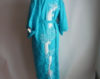 Kimono blu vintage / Ricamo DRAGO Sputafuoco / Taglia piccola e media / Lunghezza pavimento Turchese Bianco Rayon Oro metallizzato