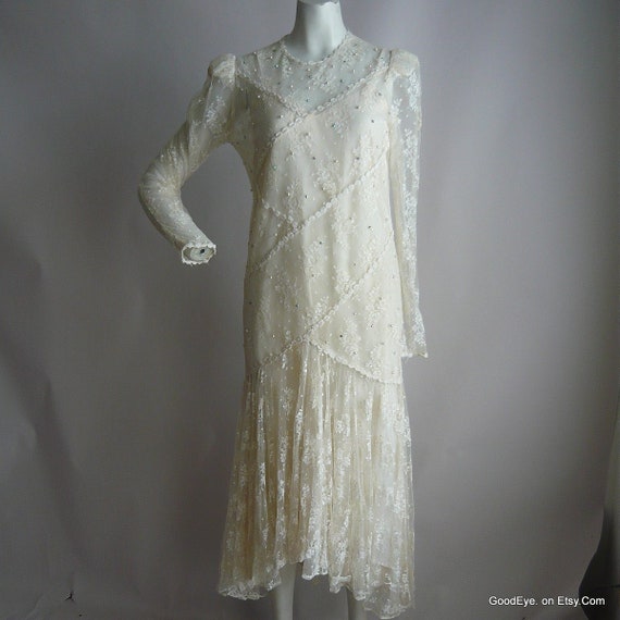 Vintage 80s Sheer White Lace Dress / Size small 4… - image 4