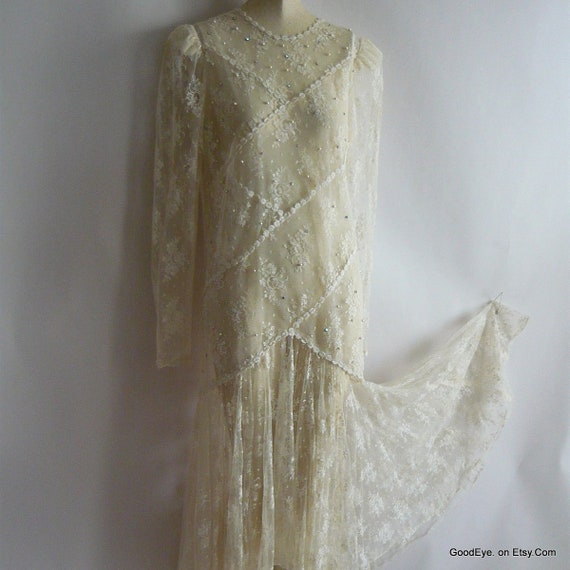 Vintage 80s Sheer White Lace Dress / Size small 4… - image 9