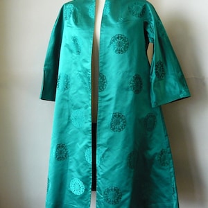 Elegant Silk Opera Coat Reversible / Small Size 4 6 8 10  / Turquoise Black Cocktail Evening 1950 60's / Hong Kong BCC