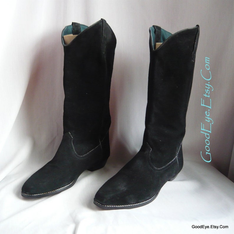 Black Suede Cowboy Boots sz Eu 40 UK 6 .5 Western Leather Uppers Flat Heel Never Worn 90s made in Brazil Women Size 9 m