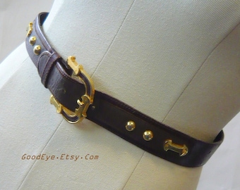 Vintage Guy LAROCHE Leather Belt w GOLD Metal Studs  / Size Medium 31 -33 inch / Dark Chocolate Brown Designer Cinch / made in France