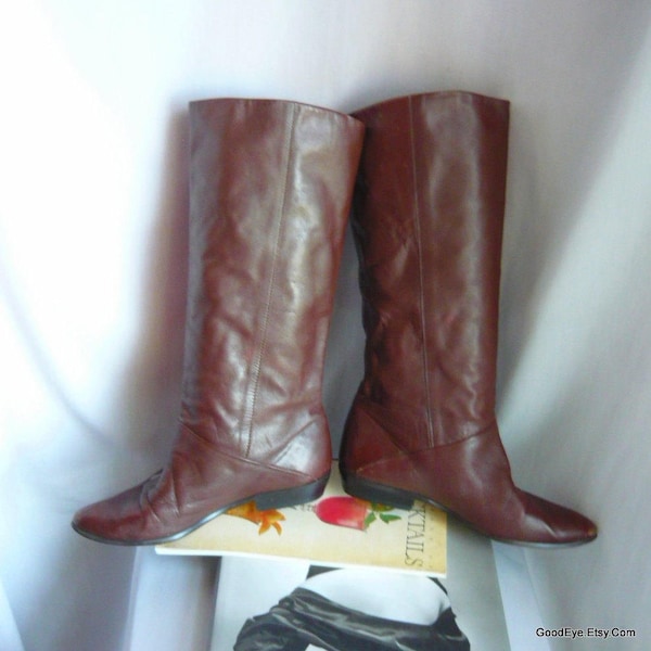 90s Brown Leather SLOUCH Knee Boots / Size 6 .5 Wide Eu 37 UK 4 / NATURALIZERS Flat Pixie Pirate Cuff / made in Brazil