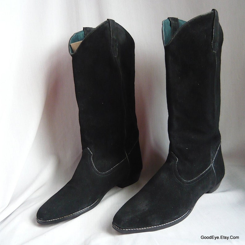 Black Suede Cowboy Boots sz Eu 40 UK 6 .5 Western Leather Uppers Flat Heel Never Worn 90s made in Brazil Women Size 9 m