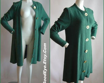 Vintage Steve Fabrikant Sweater Coat Dress / medium size 8 10 12 Petite /  Green Wool Knit 1990s / Neiman Marcus