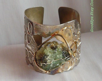 Vintage Brutalist STERLING Silver Cuff Bracelet /signed PAUL MARTIN / 1960s Mid Century / Natural Stone Jewelry Modernist