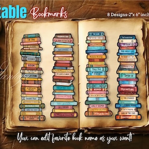 Editable Stacked Books Bookmarks: Editable Favorite Book Names (Digital Download)