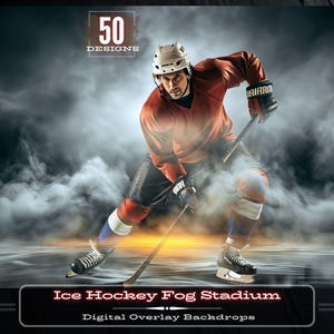 May include: A hockey player wearing a red jersey skates on an ice rink with fog in the background. The image is part of a set of 50 digital overlay backdrops for ice hockey.