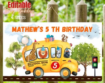 Toile de fond Wheels on The Bus : bannière de fête d'autobus scolaire modifiable (téléchargement numérique)