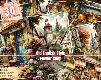 Vintage Flower Shop Junk Journal Pages: Watercolor Cottage Town (Digital Download)