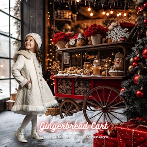 Fondo digital de carrito de jengibre navideño, fondo navideño, superposición de fotografía de carrito de tienda de dulces navideños para niños pequeños, niños y mascotas.