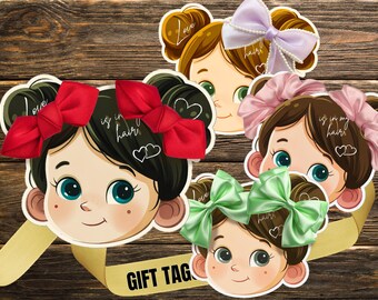 Etiquetas de regalo para niña con lazos, Día de San Valentín, Cumpleaños (PDF, PNG)