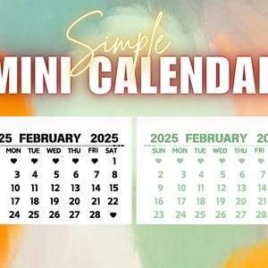 Mini calendario 2025, tarjeta de calendario 2025 de bolsillo, calendario elegante imprimible, mini calendario de 3 x 2 pulgadas PNG/PDF, negro y colores, para proyectos de manualidades