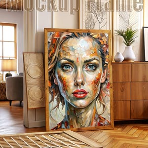 Vertical PSD Frame Mockup in Cozy Home Interior A13: Wood Frame, Print & Poster Mockup for Digital Wall Art. European Style Cozy Room Photo