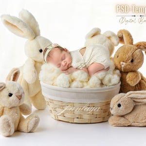 Newborn Rabbit Family Digital Backdrop: Baby Bed PSD Template