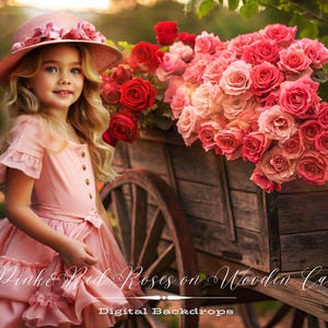 Pink, Red Roses on Cart Sunshine Digital Backdrop, Pink Roses Wooden Cart, Valentines Backdrop, Photography Composite, Summer Garden Path