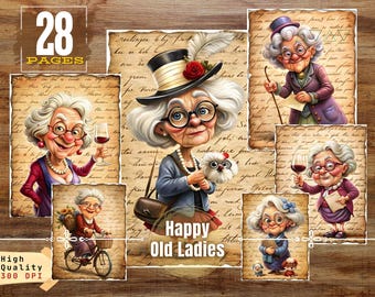 Happy Old Ladies Junk Journal Kit: afdrukbare plakboekpagina's (digitale download)