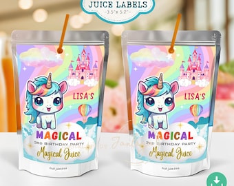 May include: Two juice pouches with unicorn and castle designs. Each pouch has a straw and the text "LISA'S", "MAGICAL 3RD BIRTHDAY PARTY", and "Magical Juice". The labels are 3.5" x 5.2".
