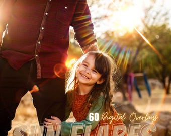 May include: A father and daughter walk through a sunlit field. The image is overlaid with the text "60 Digital Overlays SUN FLARES".