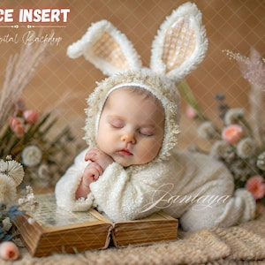 Newborn Digital Backdrop Face Photography, Easter Bunny Newborn Digital Background, Newborn Face Inset Rabbit on Book Spring Floral