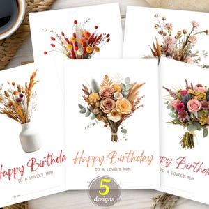 Cartão de feliz aniversário para a mãe, Feliz aniversário para a mãe, Buquê de flores secas, Cartão de aniversário floral para a mãe, Cartão de feliz aniversário com flores, Aniversário da mãe