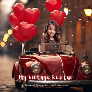 PSD Valentines Theme Digital Backdrop Photography, Fundo Digital Romântico de Carro Vintage Composto para Crianças, Animais de Estimação, Dia dos Namorados ao Ar Livre Ver