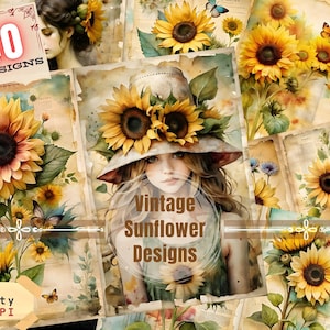 Diario spazzatura, disegni di girasole vintage, bellissime pagine, diario a righe, kit diario spazzatura, album di ritagli, stampabili, tema diario vintage.