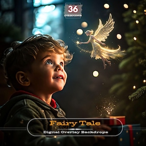 May include: A young child gazes upward at a glowing fairy with outstretched wings, holding a star. The image has a magical, fairytale theme, with the text "Fairy Tale" and "Digital Overlay Backdrops" at the bottom.